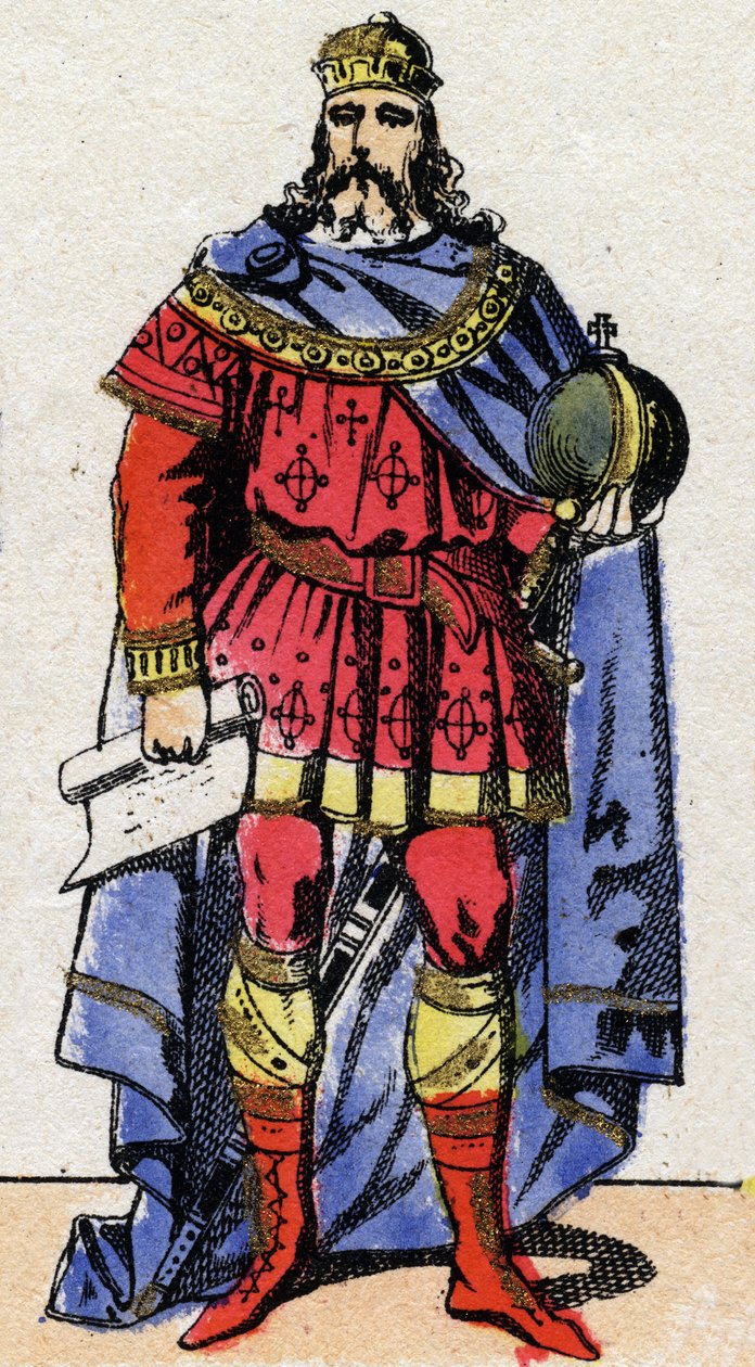 Karolingien dynastia: Kaarlen muotokuva, joka tunnettiin Suurena tai Kaarle Suurena (Carolus Magnus, 742-814) keisari 800-814. Epinaalikuvaus 1800-luvun lopusta. Yksityinen kokoelma. tekijältä French School
