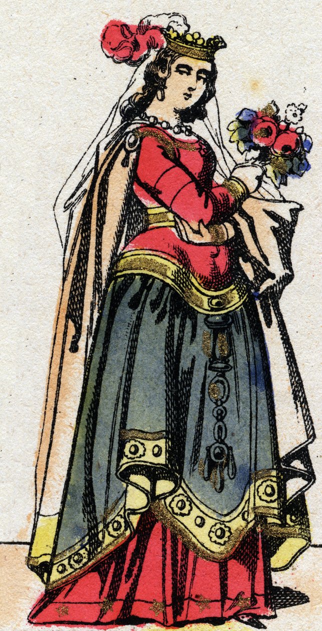 Karolingien dynastia: Kaarle Suuren tai Kaarle Suuren (Carolus Magnus, 742-814) vaimon Hildegarden Vintzgau (v. 758-783) muotokuva. Epinaalikuvaus 1800-luvun lopulta. Yksityinen kokoelma. tekijältä French School
