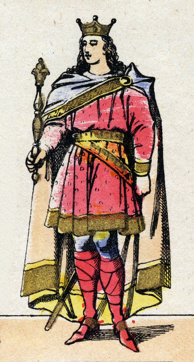 Karolingien dynastia: Ludvig V dit le Faineantin (967-987), frankkien kuninkaan muotokuva 986-987. Epinaalikuvaus 1800-luvun lopulta. Yksityinen kokoelma. tekijältä French School