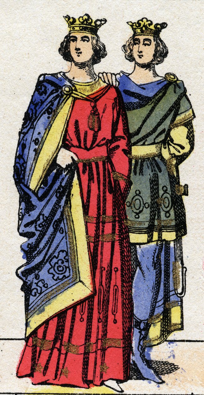 Karolingien dynastia: Ludvig III:n (863-882), frankkien kuninkaan 879-882 ja frankkien kuninkaan Carloman II:n (867-884) muotokuvia 879-884. Epinaalikuvaus 19. luvun lopusta vuosisadalla. Yksityinen kokoelma. tekijältä French School