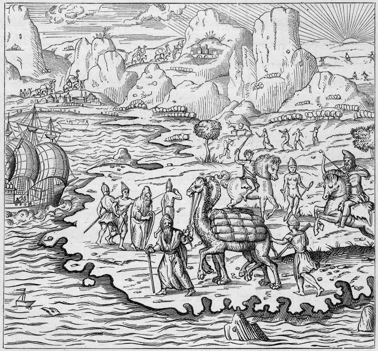 Tavaroiden kuljettaminen kameleilla kreikkalaisesta tiskiltä Aleksandriassa lähtevien laivojen lastaamiseksi Eurooppaan. Kaiverrus kirjassa "La Marine et les colonies: kauppa" tekijältä French School