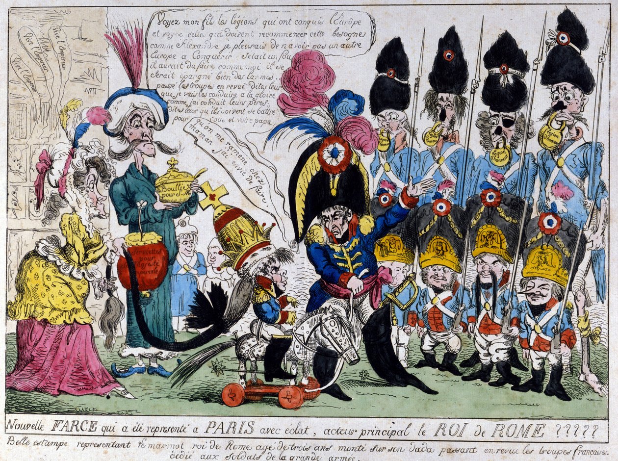 Sarjakuva Napoleon I:stä (1769 - 1821) ja hänen pojastaan, Rooman kuninkaasta (1811 - 1832): jälkimmäinen keinuhevosessaan arvioi Ranskan armeijan joukkoja isänsä kanssa. 1800-luvun ranskalainen printti. tekijältä French School