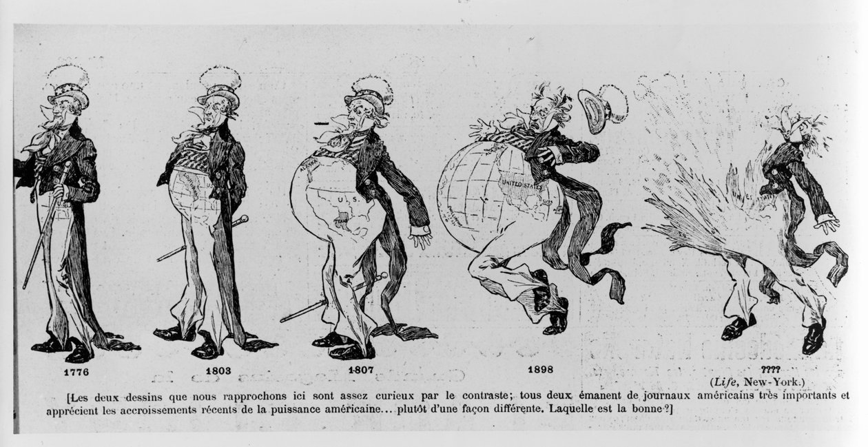 Sarjakuva, joka kommentoi Yhdysvaltojen maanhankintoja, kuva Le Riresta, 4. maaliskuuta 1895 tekijältä French School