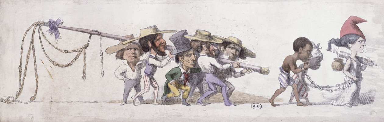 Sarjakuva, joka kuvaa Ranskaa sen siirtokuntien orjakauppiaana, n. 1845-1848 (kynä ja muste ja akvarelli paperille) tekijältä French School
