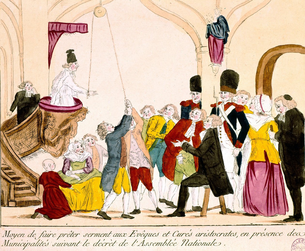 Sarjakuva, joka kuvaa ranskalaisia aristokraatteja ja papistoja vannomassa uskollisuusvalan tasavallalle (värillinen kaiverrus) tekijältä French School