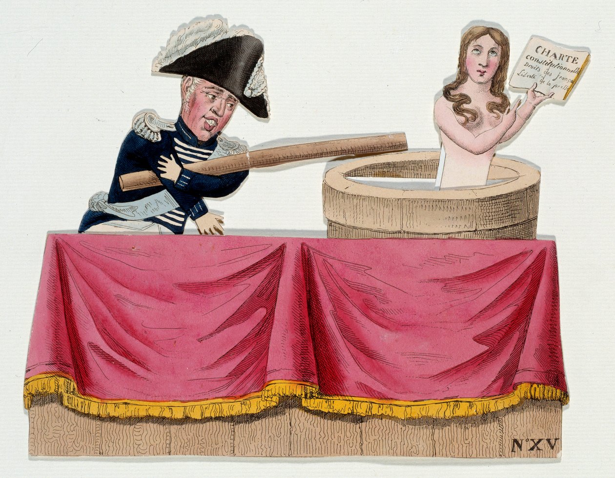 Sarjakuva, joka kuvaa kuningas Kaarle X:tä (1757-1836) guignolien muodossa, jotka kielsivät perustuslain, kun kuningas lakkautti lehdistönvapauden heinäkuussa 1830 (Saint Cloud -määräykset). Kaiverrus noin 1830. Paris, Musee Carnavalet tekijältä French School