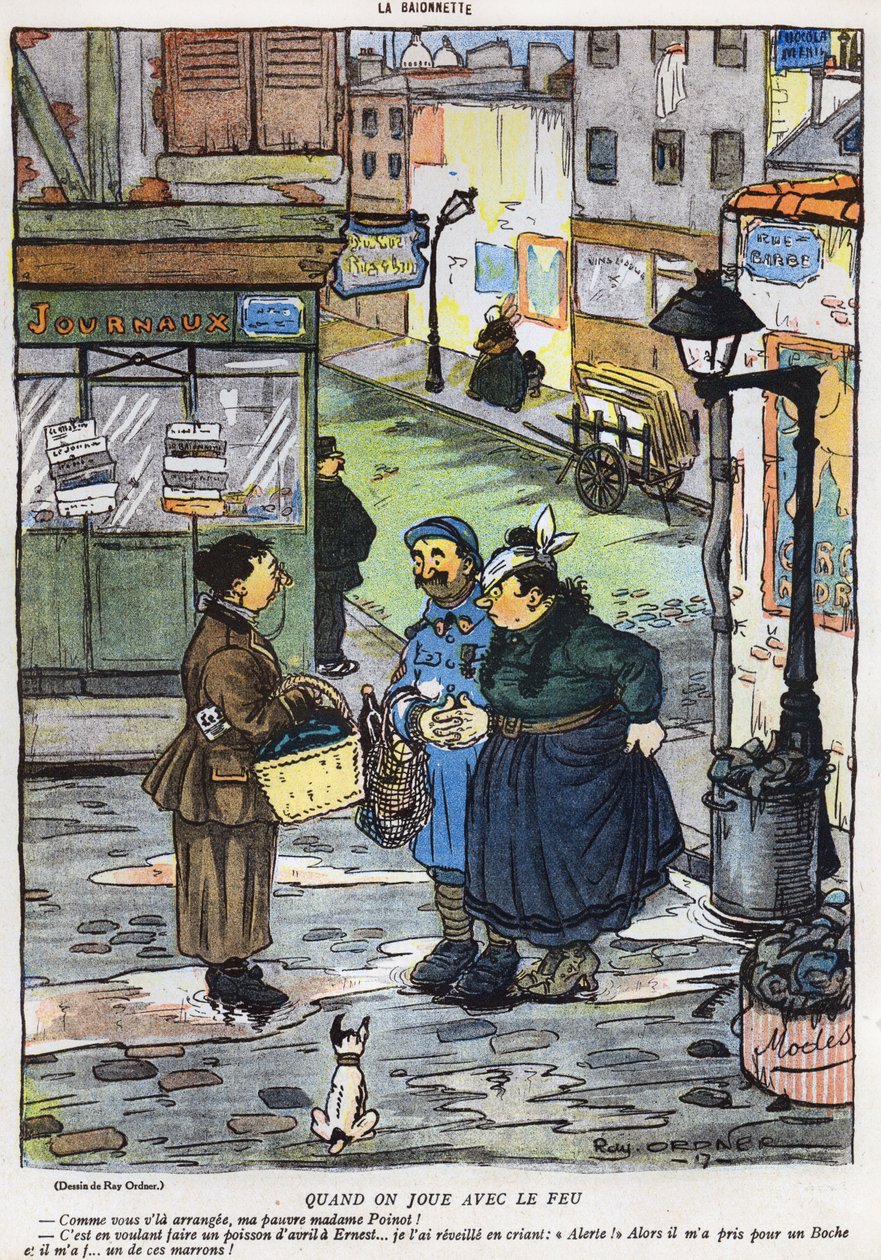 La Baionette -lehden Aprillipäivän (Poisson dAvril) painoksesta 29. maaliskuuta 1917 ilmestynyt sarjakuva, jossa vaimo yrittää tehdä tempun hänen miehelleen. tekijältä French School