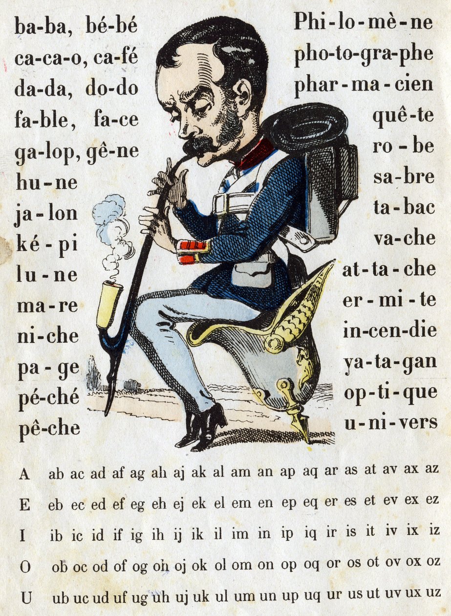 Sarjakuva preussilaisessa taistelulaivapuvussa. ABC-sotilaallinen (aakkoset - abecedary). Epinalin kuvantaminen tekijältä French School