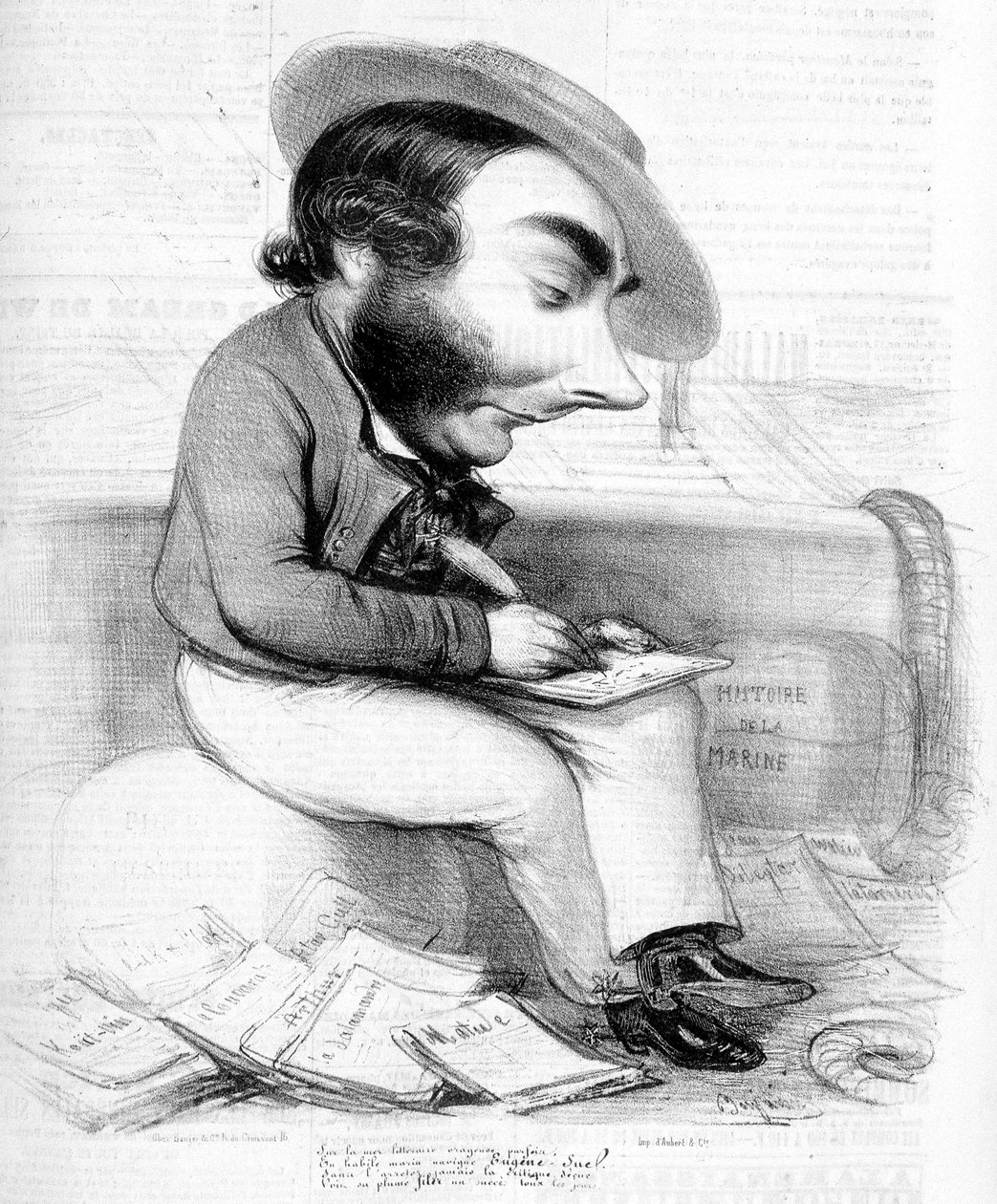 Sarjakuva Eugène Suen kirjoittamisesta, hänen lehdistöjulkaisujensa ympäröimänä - "" Le Charivari" -lehdessä, noin 1840 tekijältä French School