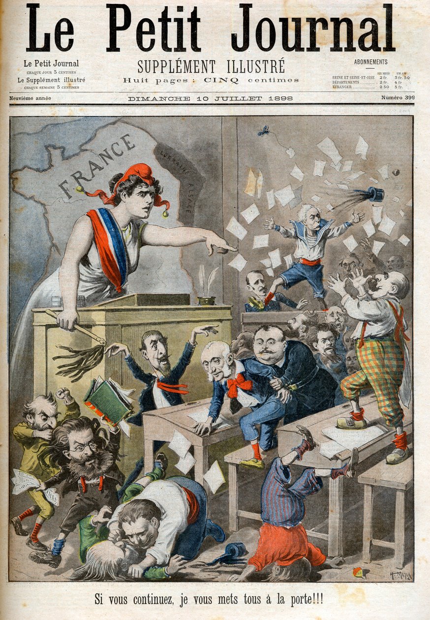 Sarjakuva edustajainhuoneen määräyksestä - Le petit Journal, heinäkuu 1898. - Marianne ja poliittinen luokka. Keskellä Paul Deroulede (1846-1914), Jules Meline (1838-1925), Edouard Drumont (1844-1917) - Jos jatkat, asetan teidät kaikki d. tekijältä French School