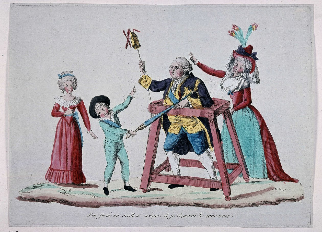 Sarjakuva kuninkaallisesta perheestä (Louis XVI ja Marie Antoinette lastensa kanssa) Ranskan vallankumouksen aikana, noin 1790 - Musee Carnavalet tekijältä French School