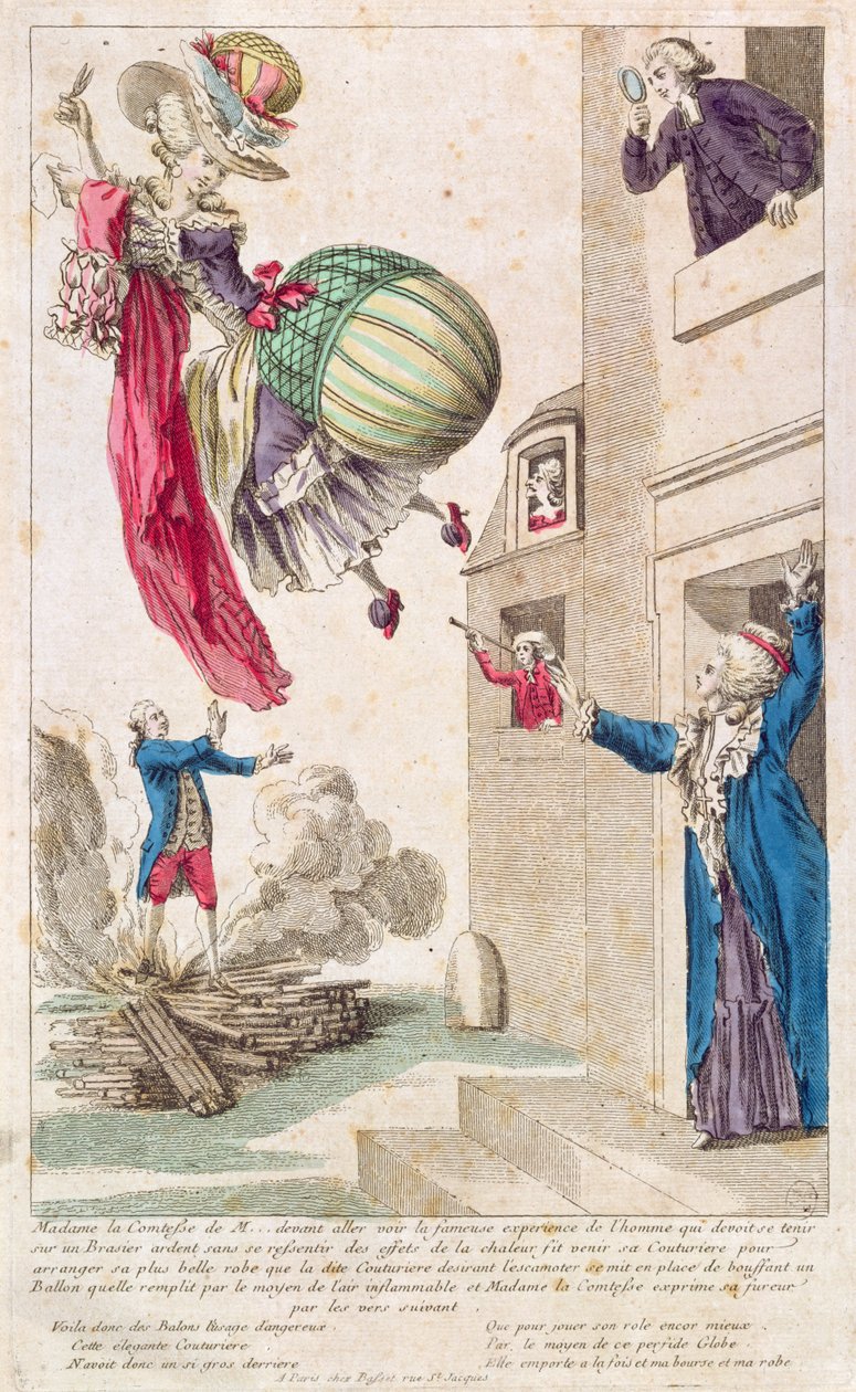 Sarjakuva pilkkaavaa muotia ja ilmapalloilua, n. 1783-4 tekijältä French School