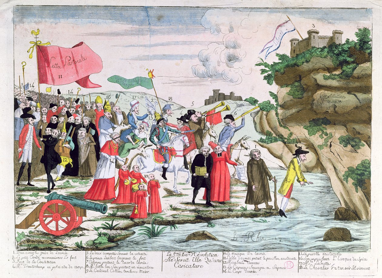 Sarjakuva, jossa pilkataan ranskalaisia pappeja ja aristokraatteja, jotka turvautuivat Saksaan vallankumouksen aikana, n. 1792 tekijältä French School