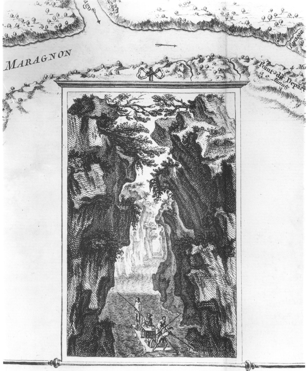 Patruuna, joka kuvaa La Condaminea lautalla Amazonilla, kartalla nimeltä Carte du strait nimeltä Pongo de Manseriche dans le Maragnon ou la riviere des Amazones, kuva Histoire de l