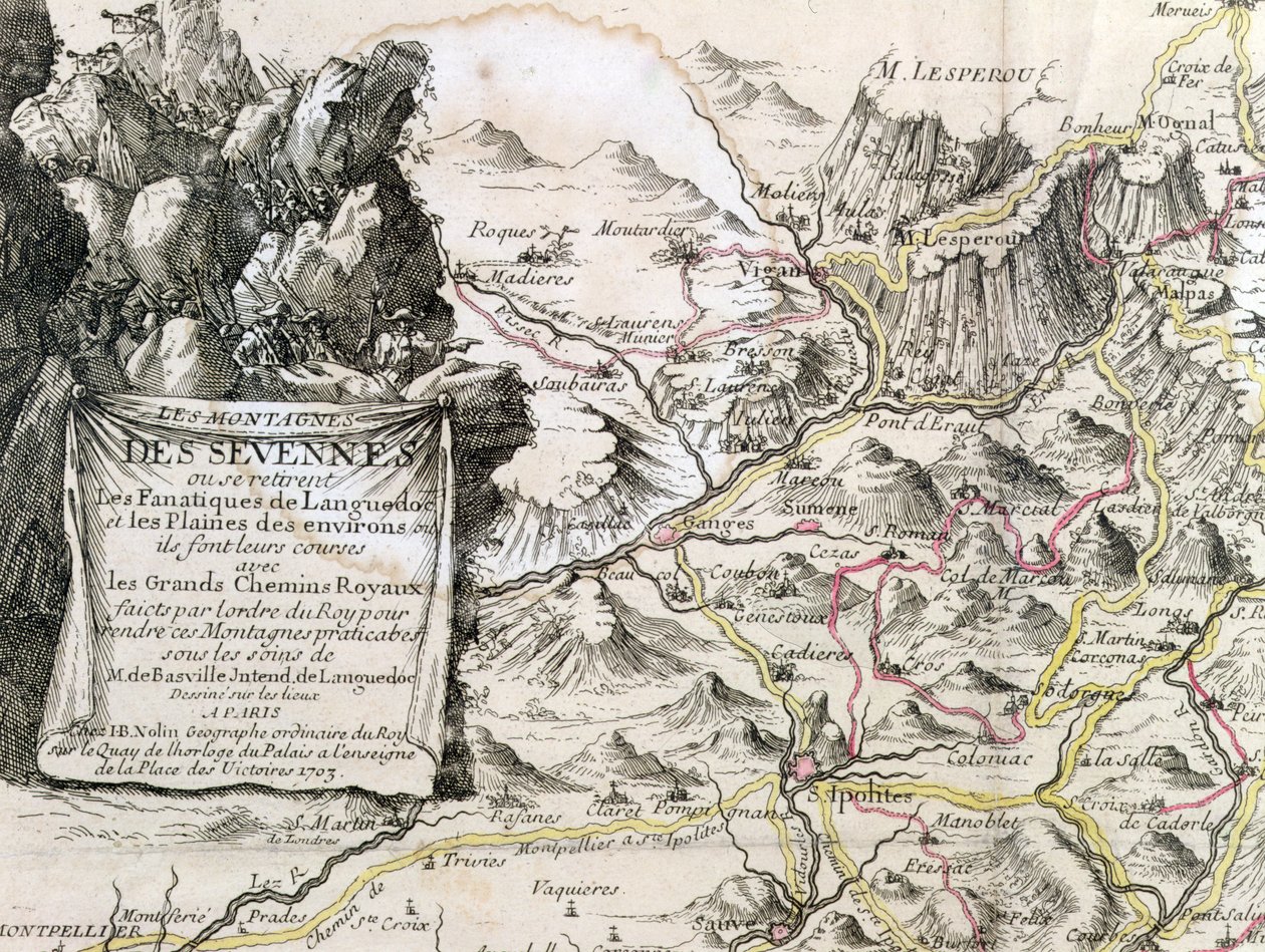 Cartouche Cevennesin alueen kartalta, 1703 tekijältä French School