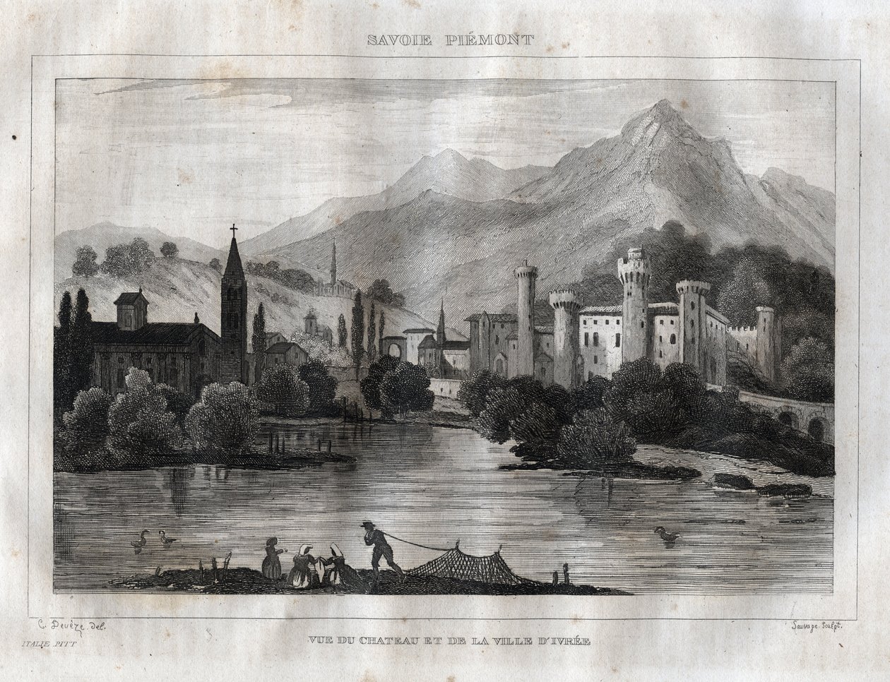 Ivrean linna - Castello di Ivrea - Kaiverrus "" Maalauksellisesta Italiasta"", M. de Norvins, Ch. Nodier 1834-1836. tekijältä French School