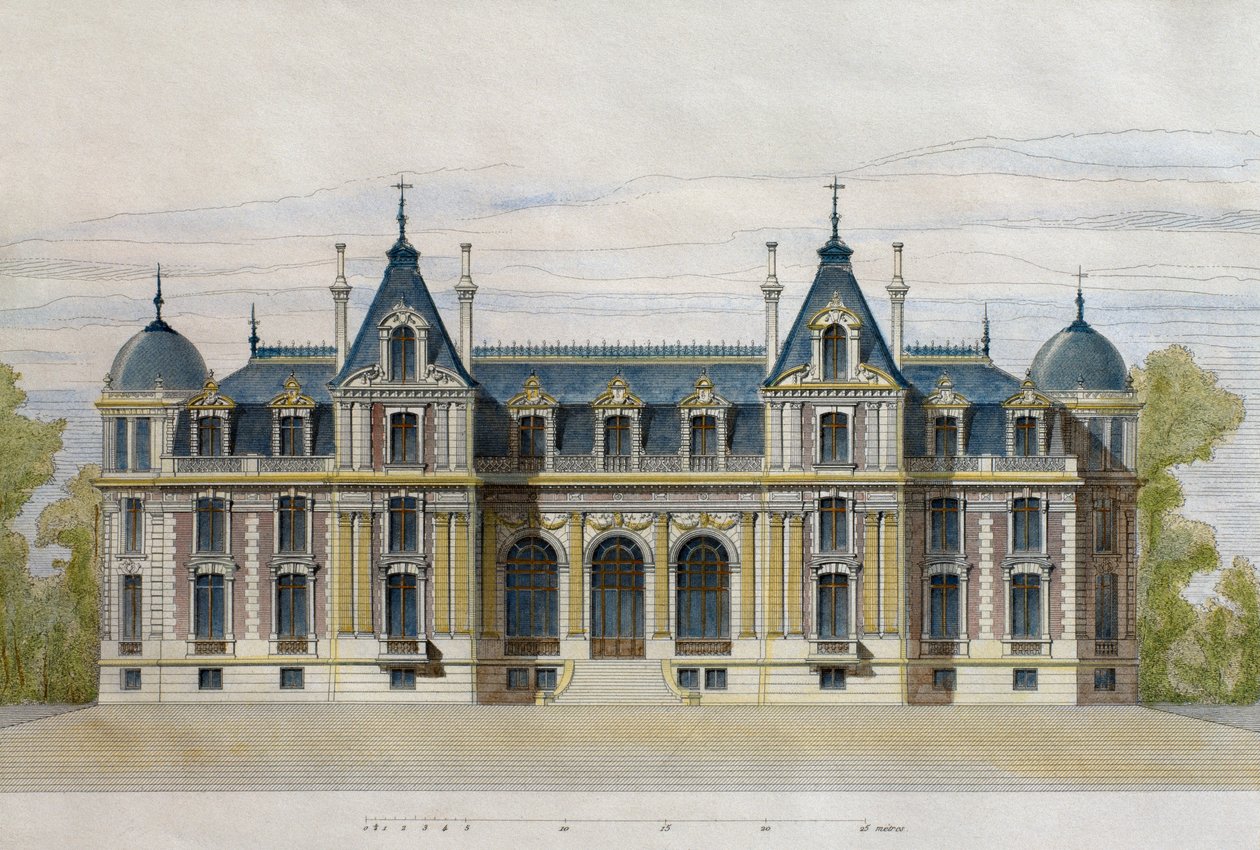 Pate Brothersille kuuluva Neuflizen linna, puutarhan julkisivu, kuvitus Le Moniteur des architectesista, 1884, kaiverrus F. Penel (värikaiverrus) tekijältä French School