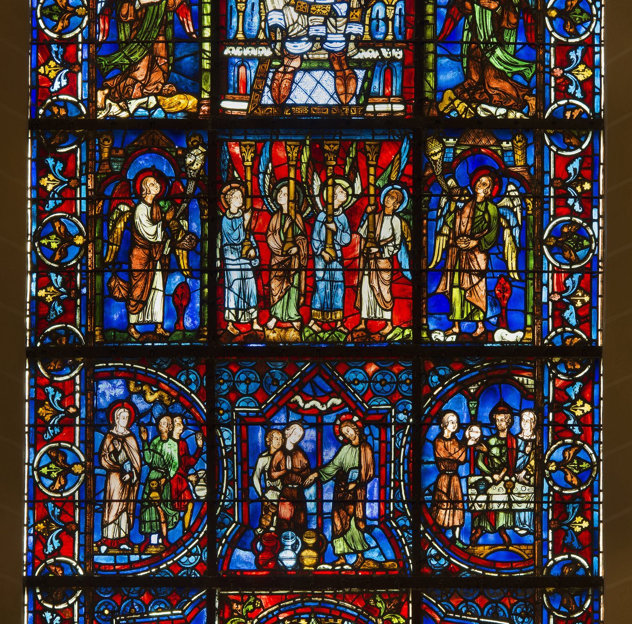 Cathedrale de chartres, lasimaalaukset: kauniin lasin rouva, jonka alla on Kristuksen julkisen elämän yksityiskohta tekijältä French School