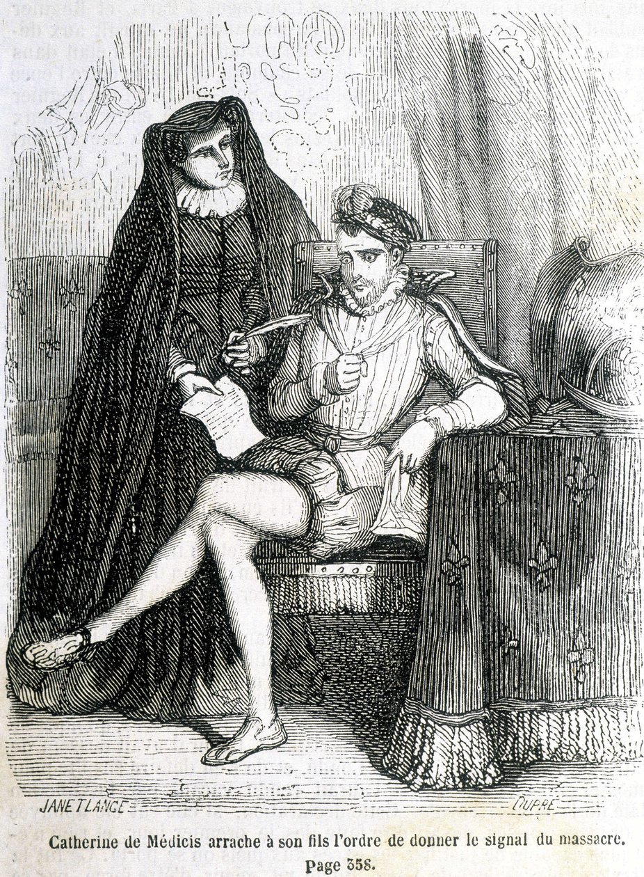 Catherine de Medici (Caterina de Medici) repii poikansa (Charles IX) käskyn antaa signaali Saint Barthelemyn verilöylystä vuonna 1572 - L.-P.:n "Histoire de France" -kirjassa. Anquetil tekijältä French School