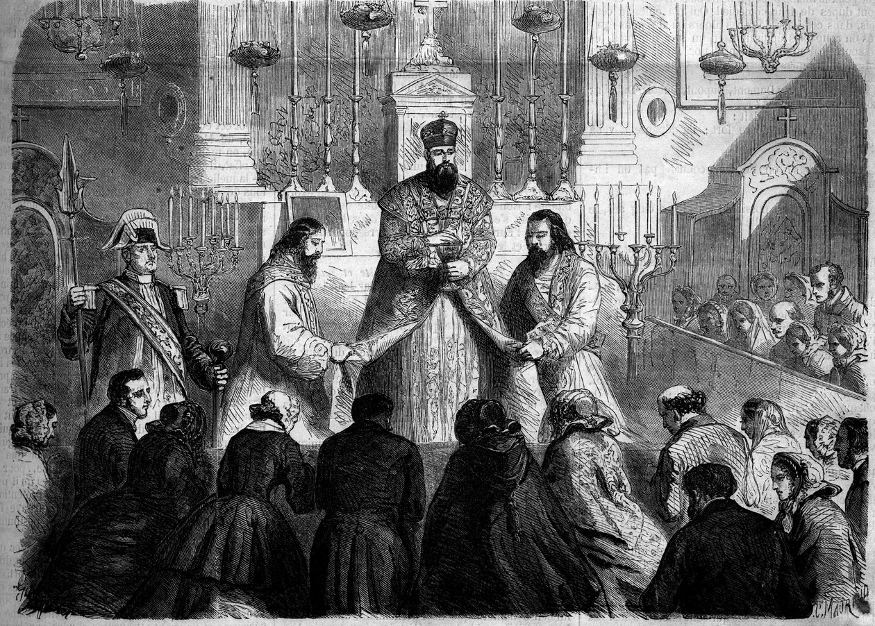 Katolinen rituaali - Messu - 26. tammikuuta 1860: Mekitaristien esimiehen messujuhla armenialaisen riitin mukaan Notre Dame des Victoiresin kirkossa Pariisissa. Kaiverrus "" Le Monde Illustré" -julkaisussa nro 147, 4. helmikuuta 1860. tekijältä French School