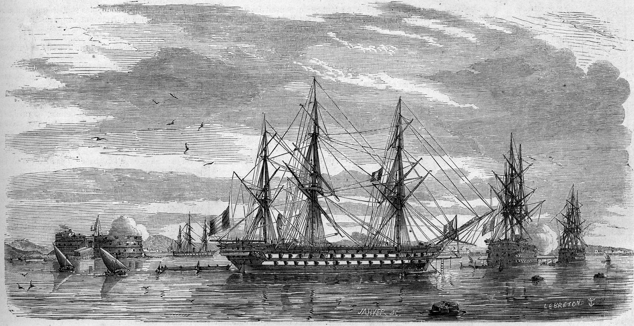 Katoliset juhlat: Pitkäperjantai (pyhäperjantai) Toulonissa (Var, 83) vuonna 1858. Laivojen sauvat ovat ristissä ja lipuissa puolipiippuja surun merkkinä. Kaiverrus "" Le Monde Illustré" -julkaisussa nro 53, 17. huhtikuuta 1858. tekijältä French School