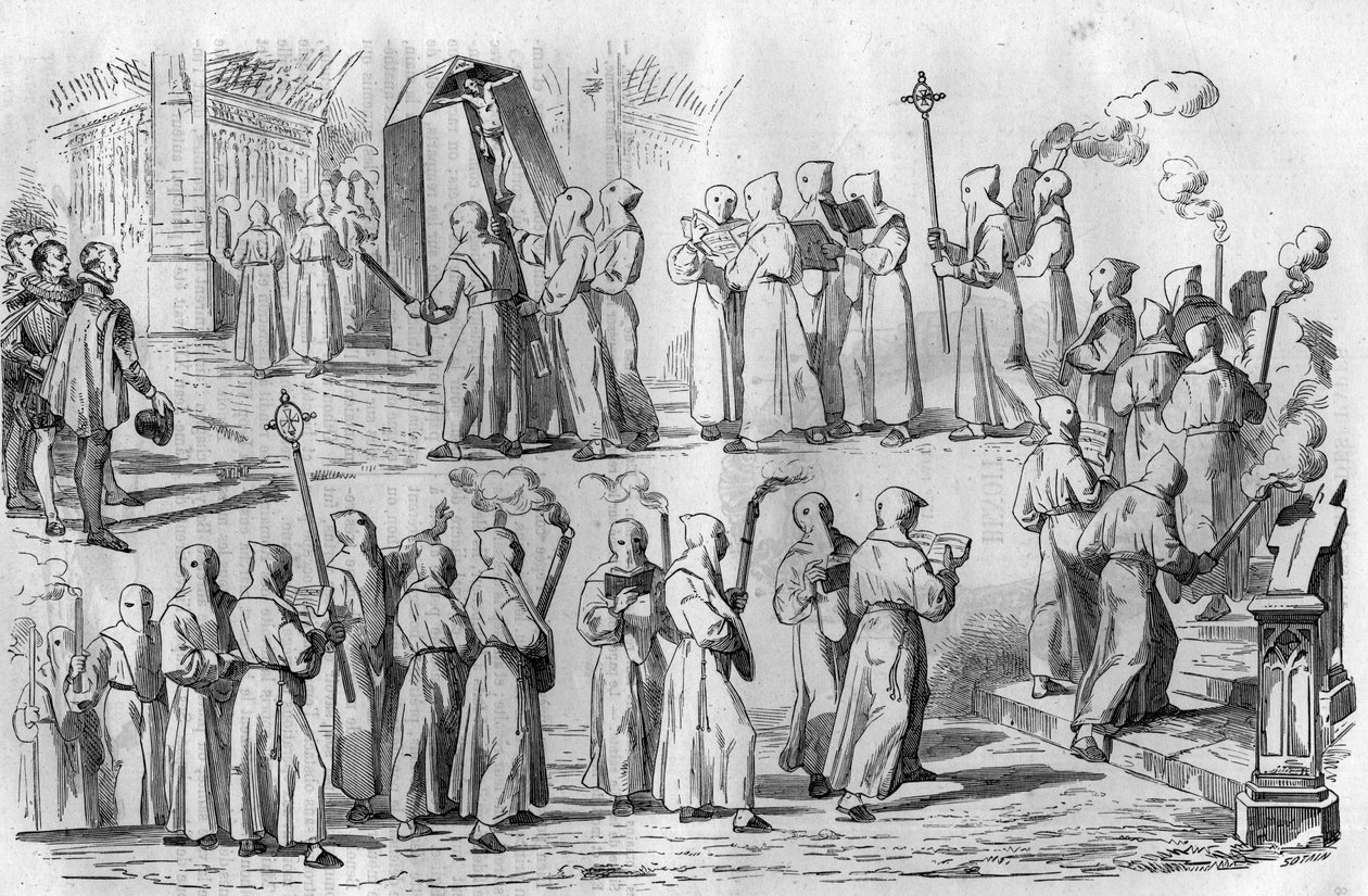 Katolista huvia ja taikauskoa. Katuvien kulkue keisari Othon I Suuren (912-973) hyökkäyksen aikana Roomaan. Maurice Lachatren kaiverrus "Histoire des Papes-Rois-Queen and Empereurs a travers les centuries" tekijältä French School