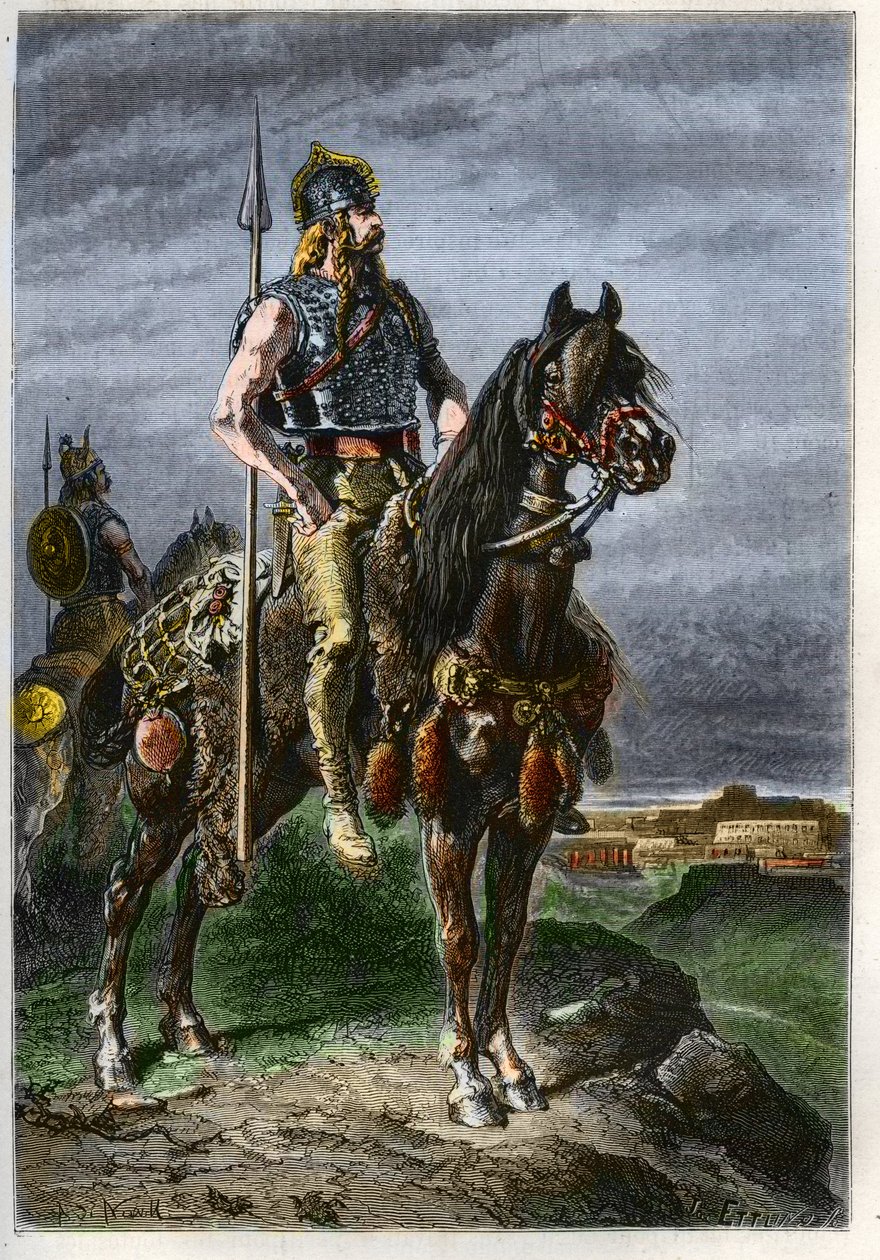 Cavalier Gaulois - Gallialaiset hevosen selässä muinaisessa Rooman valtakunnassa - kaiverrus kirjasta "" Ranskan historia kerrottiin lapsenlapsilleni"" - kirjoittanut Francois Guizot - 1872-1876 tekijältä French School