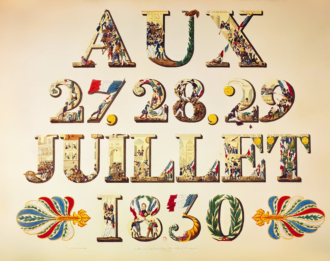 Kolmen kunniakkaan päivän juhla, 27., 28. ja 29. heinäkuuta 1830 (värikaiverrus) tekijältä French School