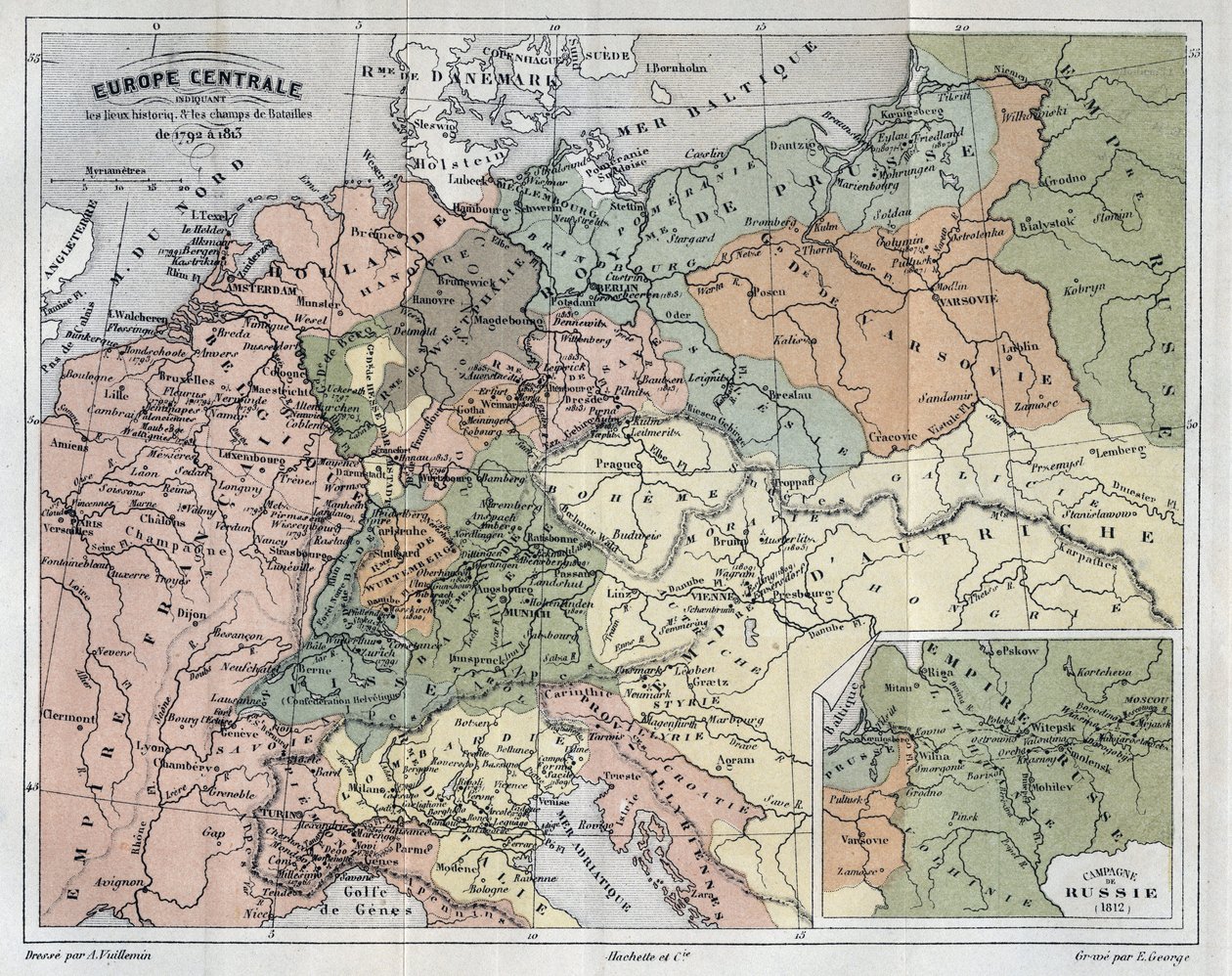 Keski-Eurooppa näyttää historialliset paikat ja taistelukentät 1792-1813 - Keski-Eurooppa historialliset paikat ja taistelukentät vuosina 1792-1813 - Victor Duruyn (1811-1894) kaiverrus "Histoire de France" -kirjoitukseen - 1882 tekijältä French School