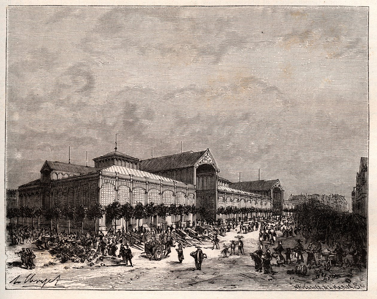 Pariisin keskushallit 1800-luvulla - kaiverrus "La France illustree: geographie, histoire, Administration statistique" by V.A. Maltaanruskea. 1884 tekijältä French School