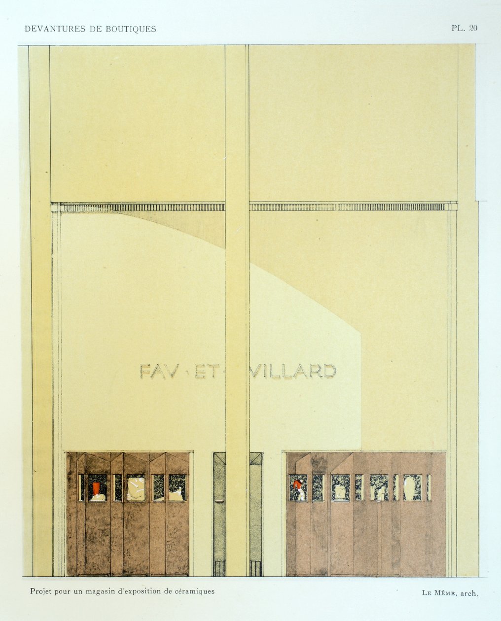 Keramiikkanäyttelytila, levy 20, kuvitus Devantures de Boutiquesista, Louis-Pierre Sezille, Pariisi, 1927 tekijältä French School