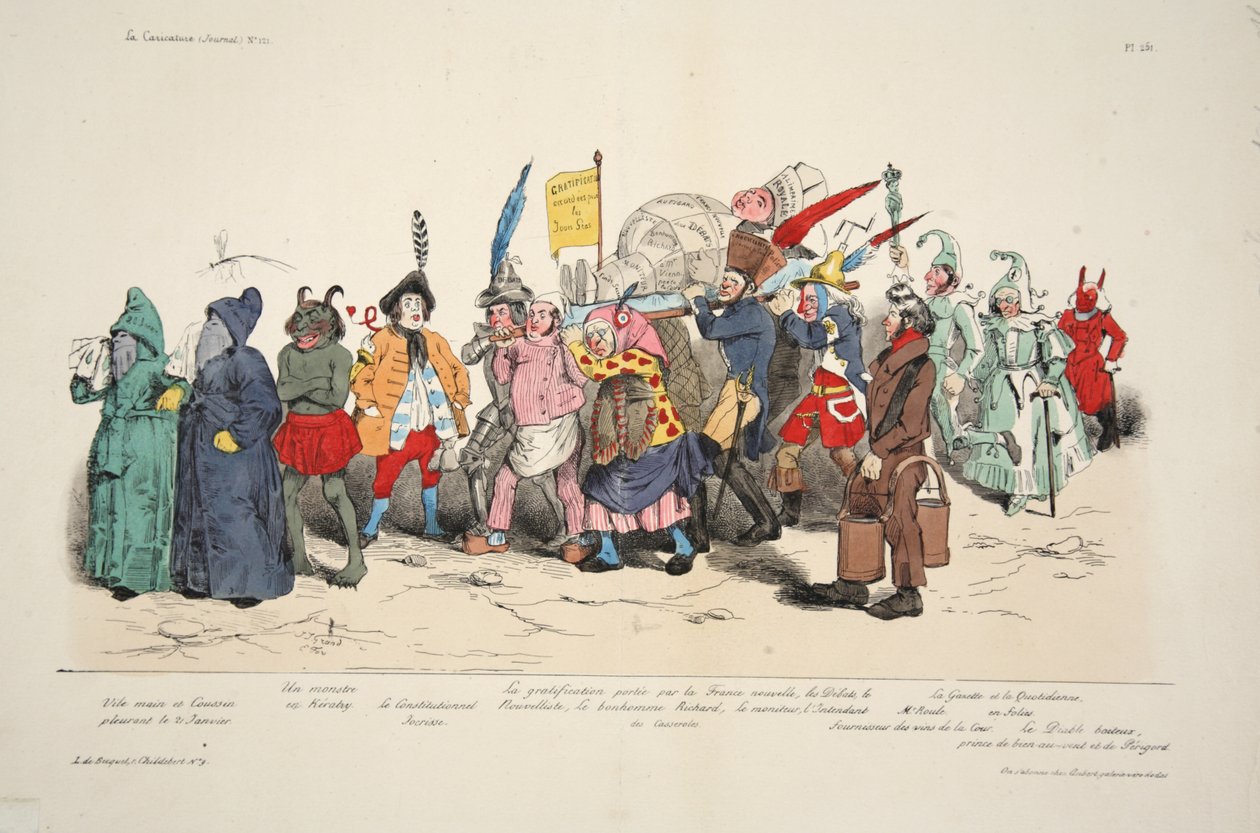 Poliittinen tuhkaseremonia, La Caricature, pub. 1833 (käsinvärinen litografia) tekijältä French School