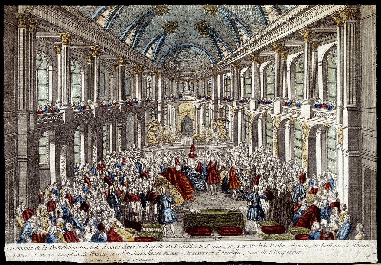 Morsiamen siunauksen seremonia Versaillesin kappelissa 16. toukokuuta 1770, ranskalaisen delfiinin Louis Augusten (Louis XVI) ja itävaltalaisen Marie Antoinetten antama - kaiverrus tekijältä French School