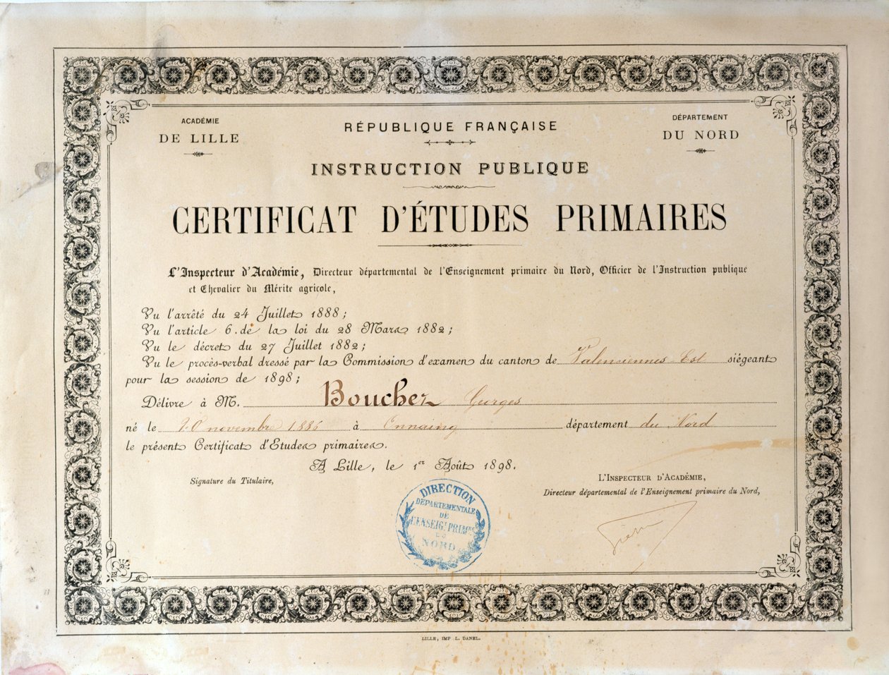 Todistus peruskoulusta, Academie de Lille, 1898 (muste paperille) tekijältä French School