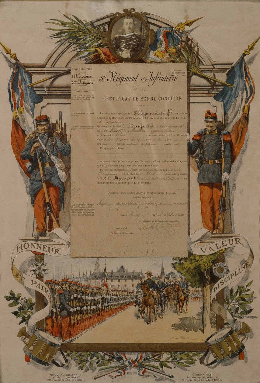 Hyvän käytöksen todistus, 37. jalkaväkirykmentti, 1896 tekijältä French School