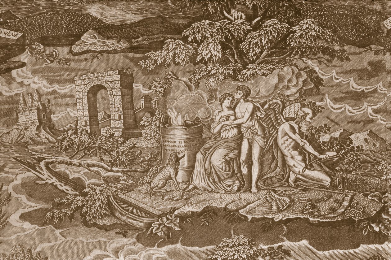 Tuolinpäällinen ranskankielisillä kirjoituksilla, n.1811 (rullapainettu puuvilla) tekijältä French School