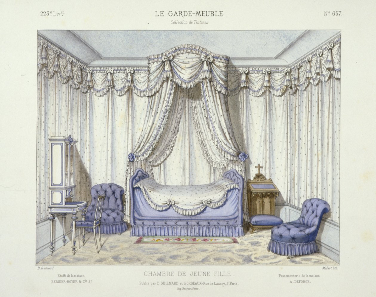Chambre de Jeune Fille, alkaen Le Garde-Meuble, Pub. Pariisi, n.1890 (värilitro). tekijältä French School