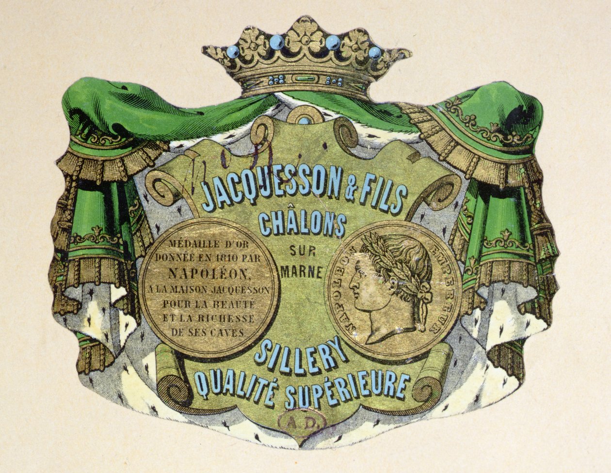 Samppanjaetiketti Jacquesson & Filsille, Champagne Sillery Marque, 1800-luvun puoliväli (värilitho) tekijältä French School