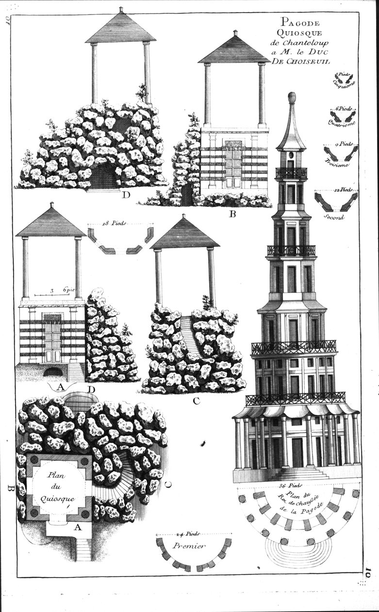 Chanteloupin pagodi, George Louis le Rougen teoksesta Details des Nouveaux Jardins a la Mode, julkaistu n. 1770-87 tekijältä French School