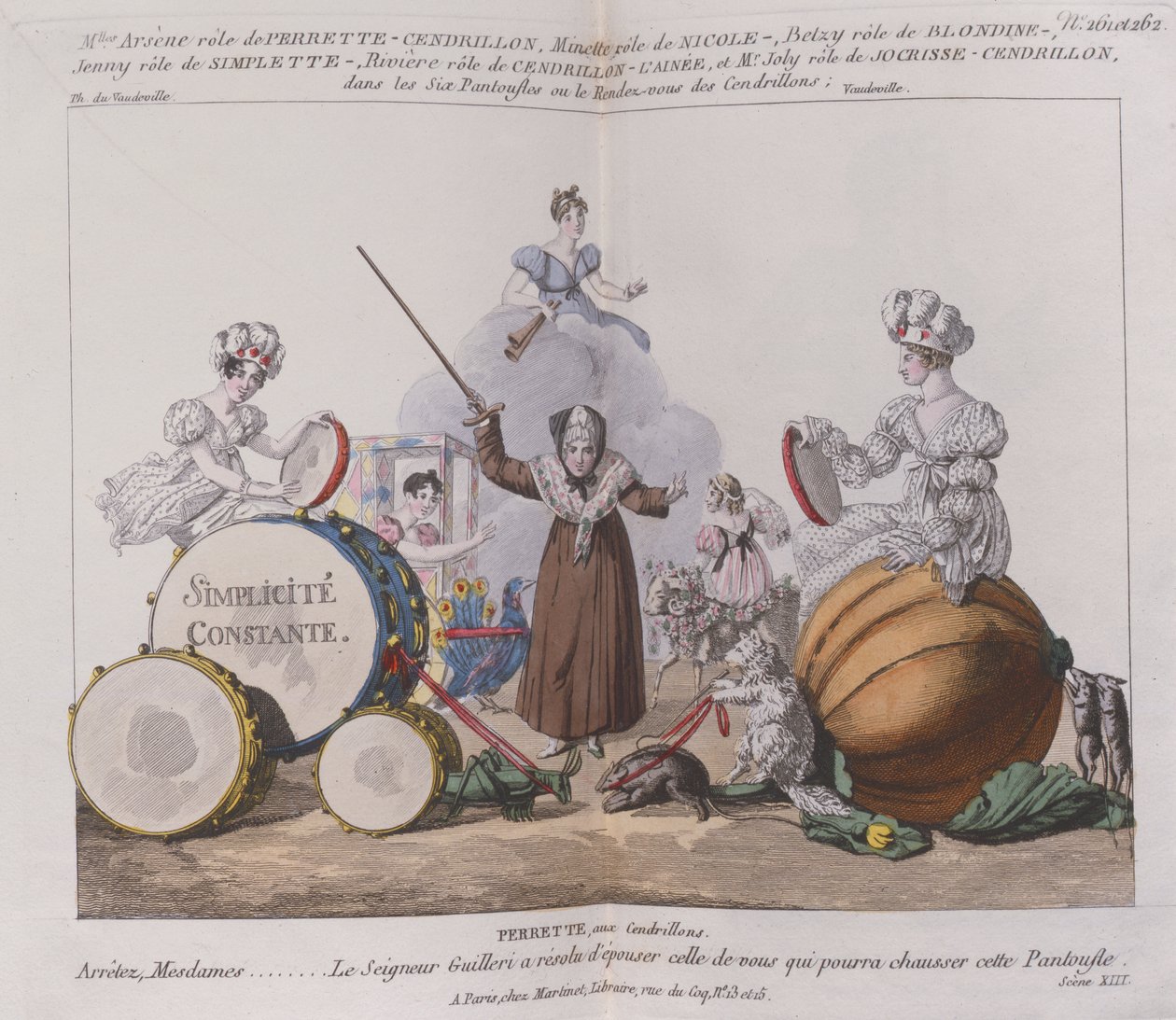 Hahmot farssista The Six Slippers tai Rendez-vous of Cinderellas, n. 1810 tekijältä French School