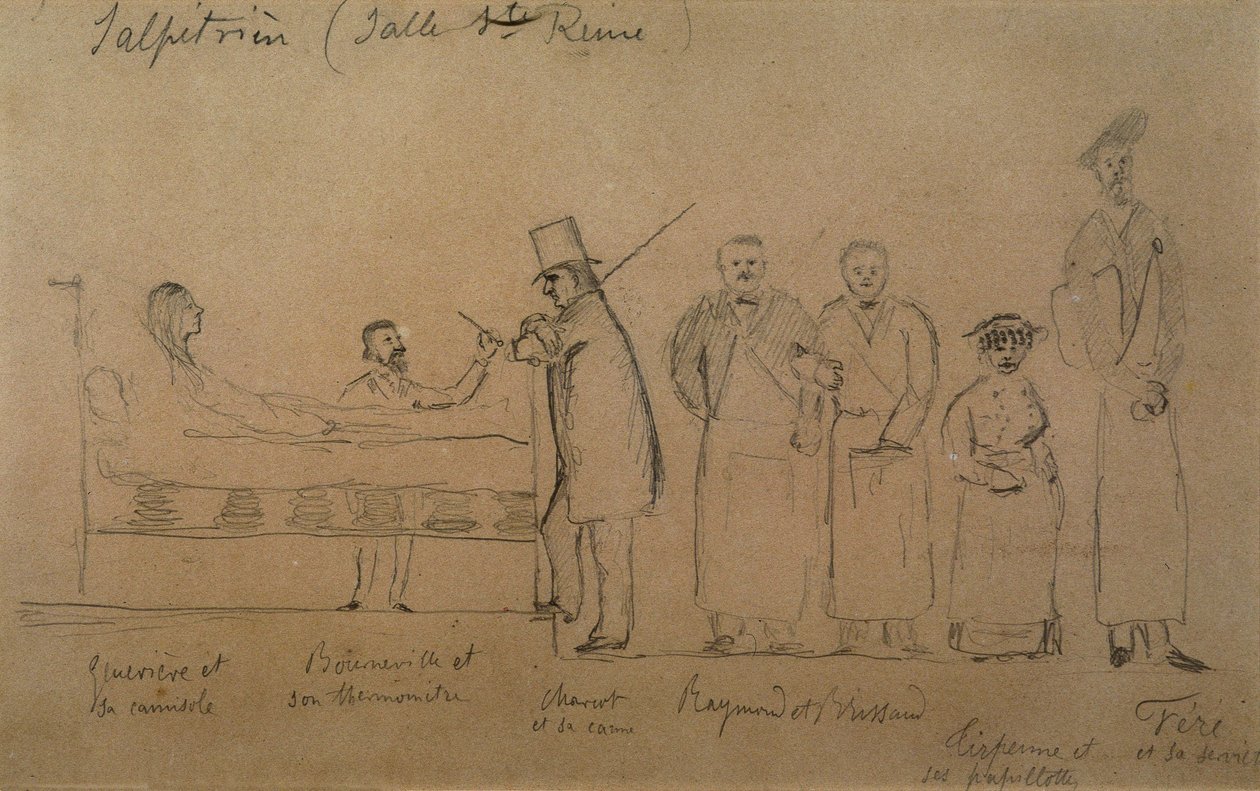 Charcot on suunnitellut yksi hänen oppilaistaan. Vasemmalta oikealle: potilas Genevieve kamisolissa, tohtori Desire Magloire Bourneville lämpömittarilla, Jean Martin Charcot, Raymond ja Brissaud, Me Tirperme ja Charles Fere. Pyhä Queen Room, Salpetriere Ho tekijältä French School