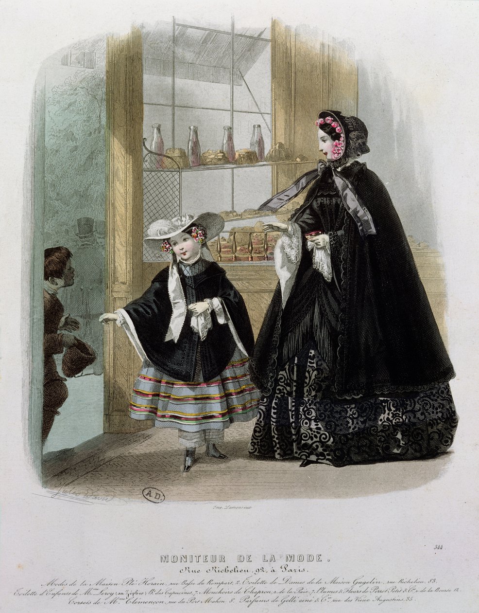 Hyväntekeväisyys konditoriakodissa, kuvitus Moniteur de la Modesta, 1852 (värikaiverrus) tekijältä French School
