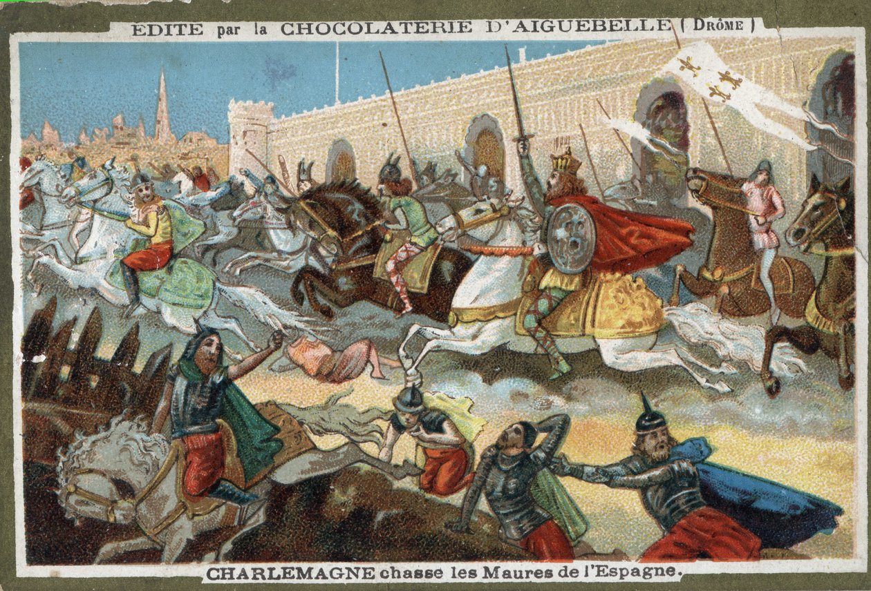 Charlemagne (742-814) jahtaa mauria Espanjasta. 1800-luvun kromolitografia. tekijältä French School