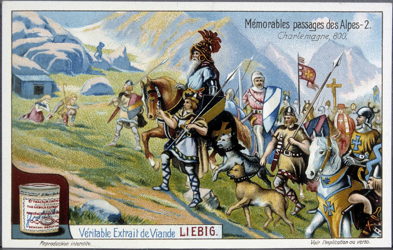 Charlemagne ja hänen armeijansa ylittivät Alpit vuonna 800 - Liebig-kromolitografia, 1900-luvun alku. tekijältä French School