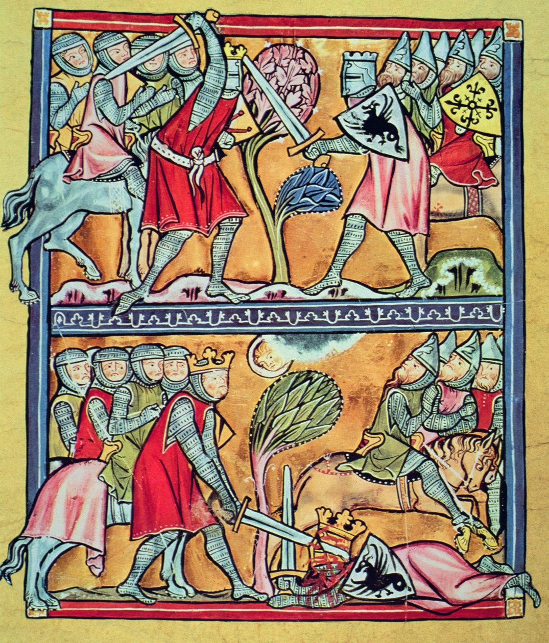 Kaarle ja hänen paladiininsa taistelussa saraseeneja vastaan, pienoiskuva Charlemagne ja hänen paladiininsa (vellum) tekijältä French School