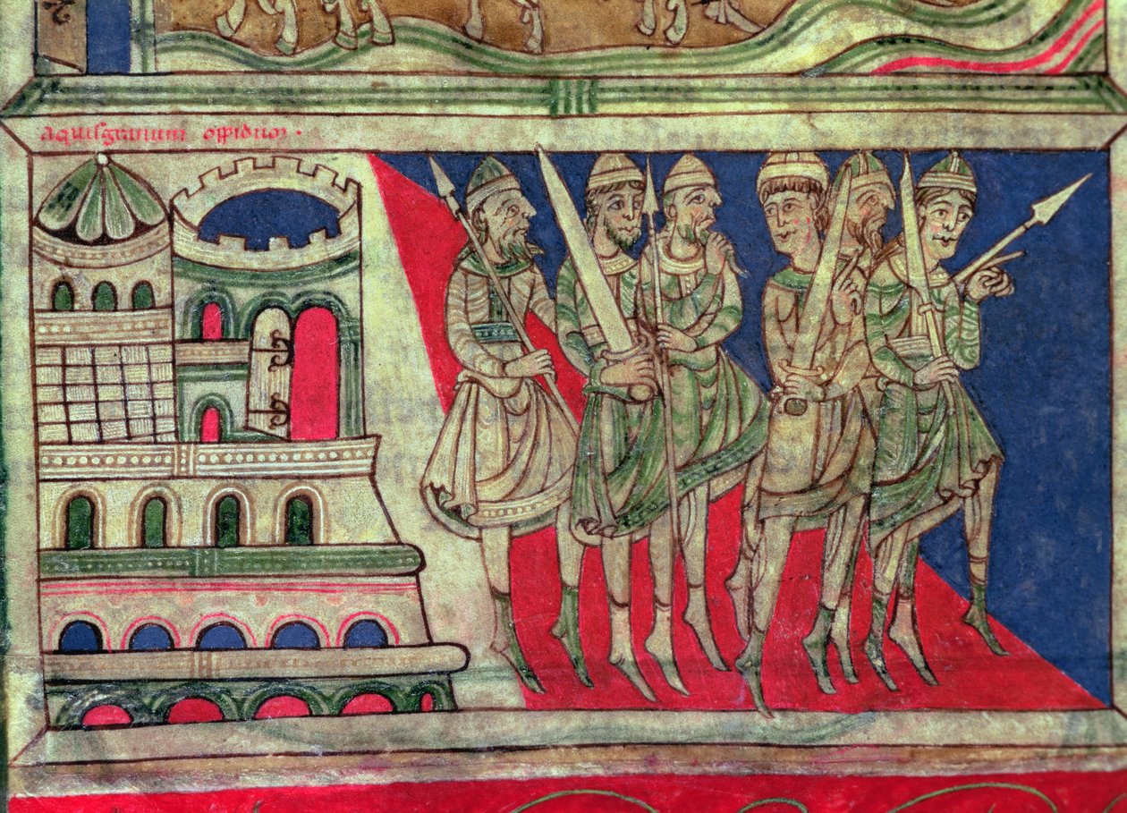 Charlemagne lähtee Aachenista matkustaakseen Santiago de Compostelaan, miniatyyri "Codice Calixtus", fol. 162v, c.1150 (vellum) tekijältä French School