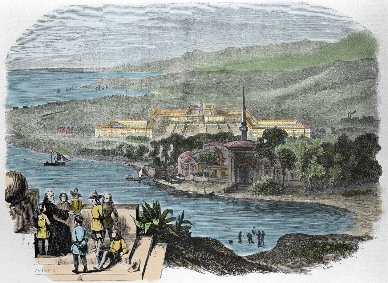 Charles Fourier (1772-1837), ranskalainen sosialistiteoreetikko: kaiverrus, joka esittää ihannekuvaa Phalansteren kaiverruksesta vuodelta 1848. tekijältä French School