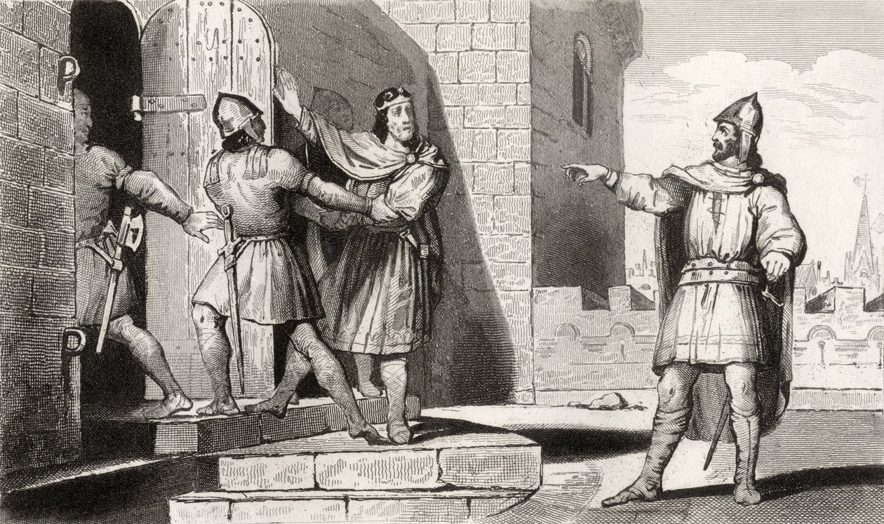 Kaarle III (879-929) Yksinkertainen, jonka yksi sotilaistaan vangitsi, Colartin "Histoire de France" -kirjasta, julkaistu n. 1840 tekijältä French School