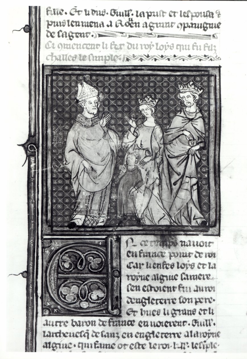 Kaarle III (879-929) Yksinkertainen vaimonsa ja poikansa Ludvig IV:n (921-954) kanssa, Grandes Chroniques de France, 1375-79 tekijältä French School