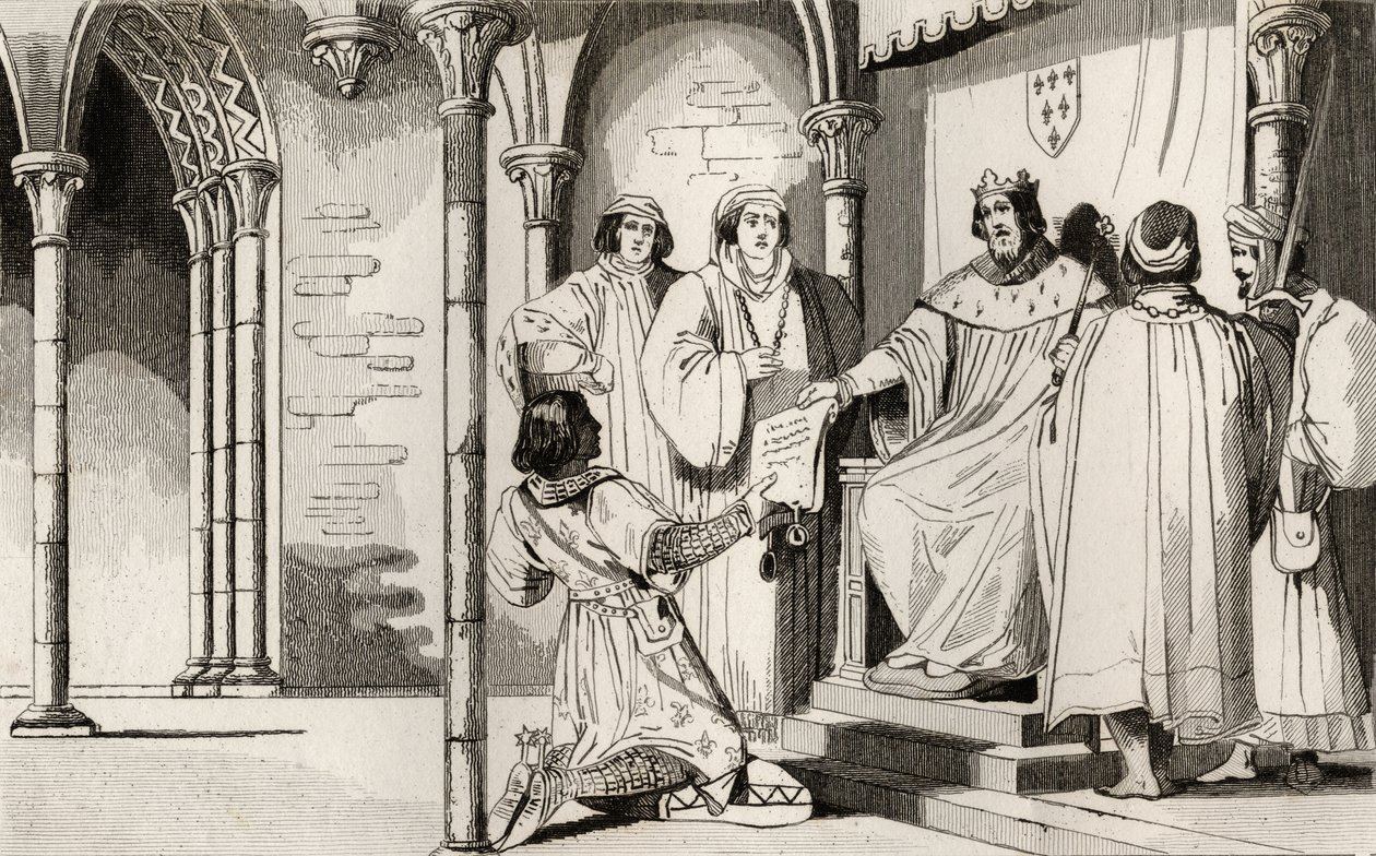 Kaarle IV (1294-1328) Komea saa oikeudessa vetoomuksen Colartin "Histoire de Francesta", julkaistu n. 1840 (kaiverrus) tekijältä French School